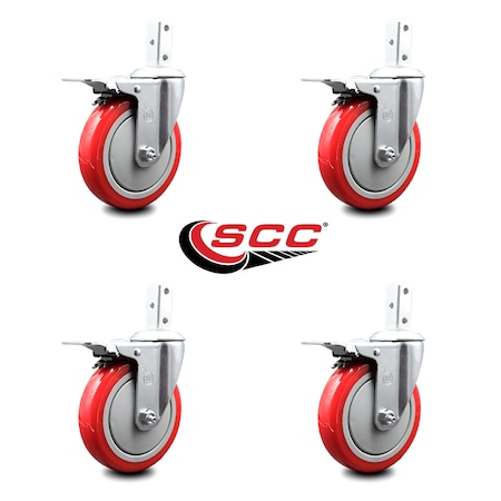 Service Caster 5 Inch Red Poly Wheel Swivel 3/4 Inch Square Stem Caster Set Total Lock Brake SCC-SQTTL20S514-PPUB-RED-34-4